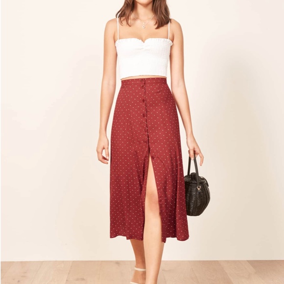 Reformation Hermosa Midi Skirt, Button Front, Red Polka Dot ♥️ - Picture 2 of 10